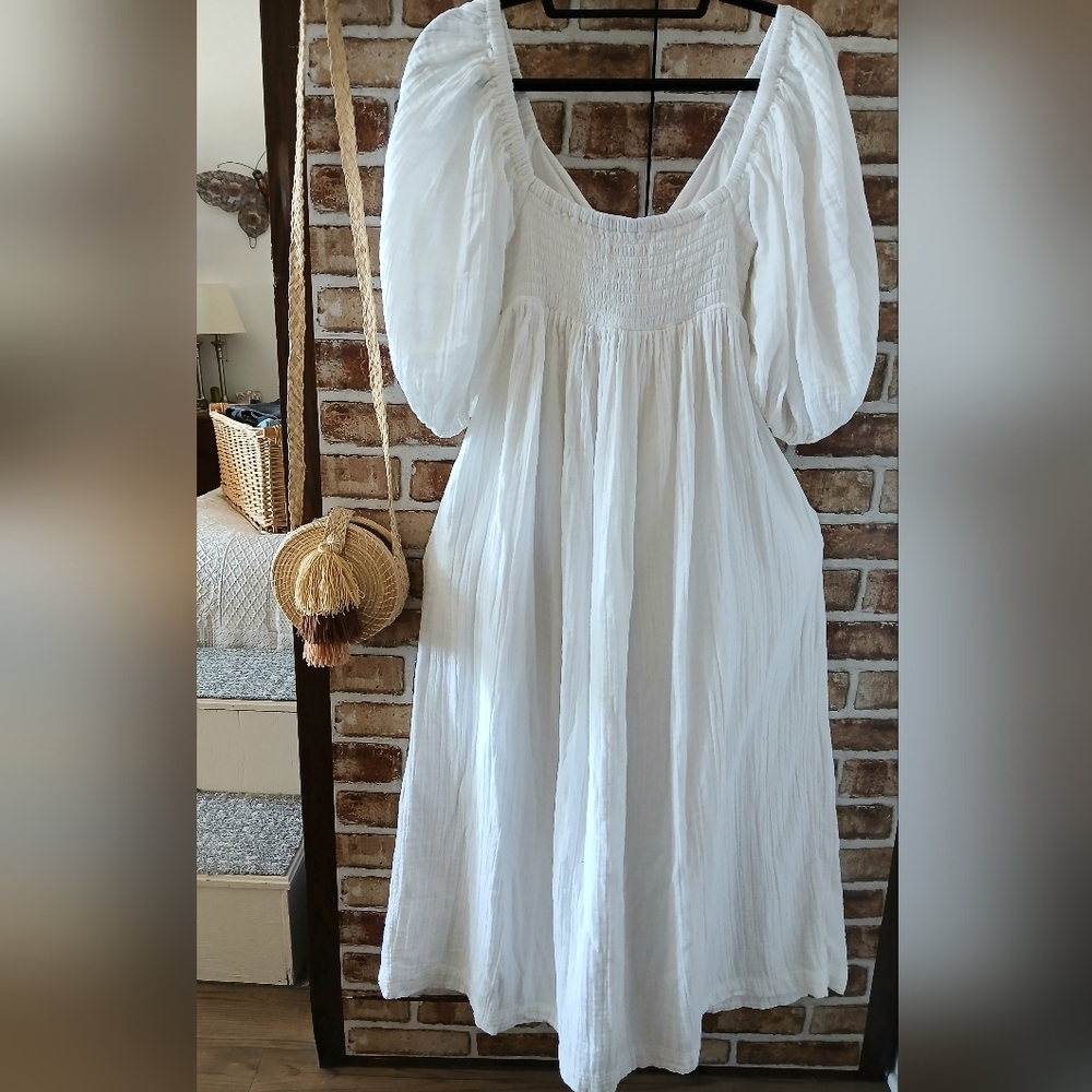 MARA HOFFMAN Swim White SUMMER Smocked Beachy COTTON Maxi Dress Women's Size S - Picture 3 of 13